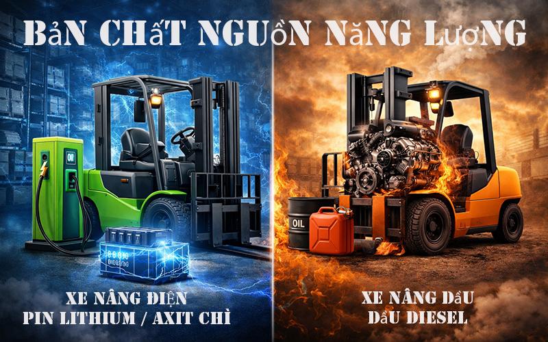 Nên Mua Xe Nâng Điện Hay Xe Nâng Dầu? 2 Bản chất nguồn năng lượng